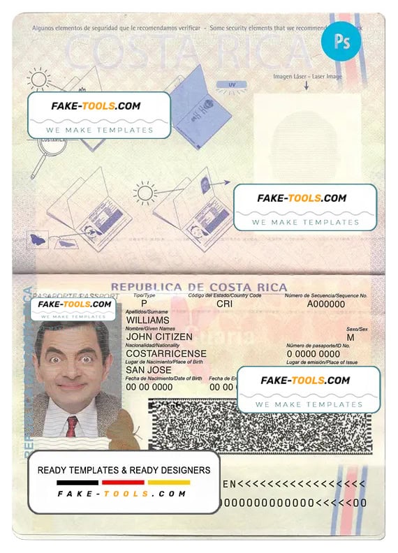 Costa Rica passport template in PSD format fake tools