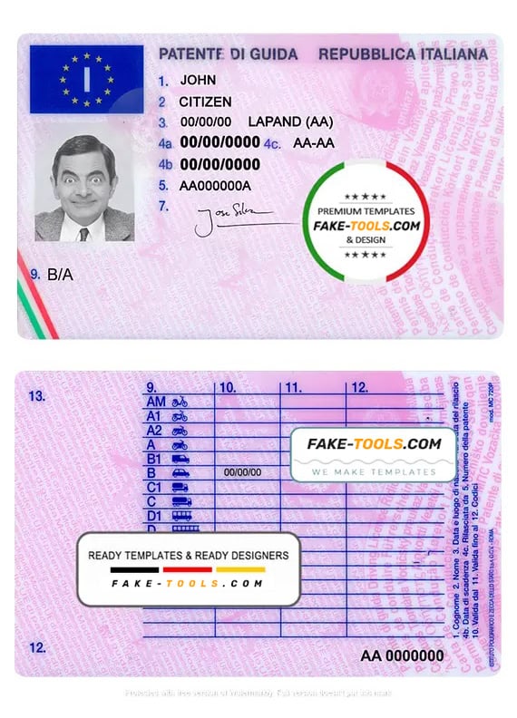Italy driving license template in PSD format, fully editable fake tools