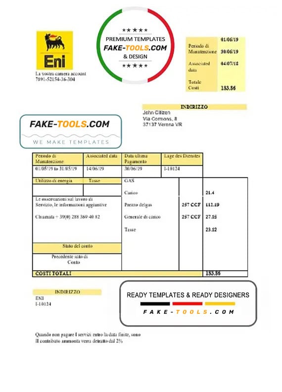 Italy Gas utility bill template in .doc and .pdf format, fully editable fake tools