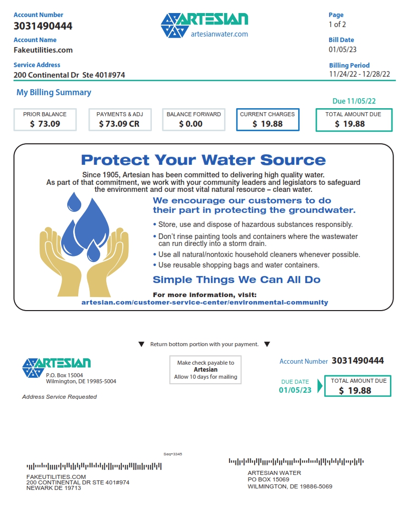 Fake Delaware Utility Bill