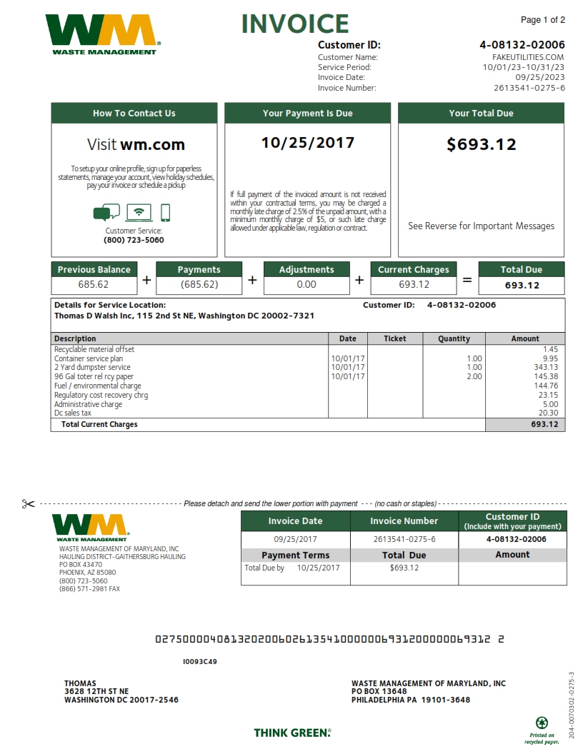 Fake Washington DC Utility Bill