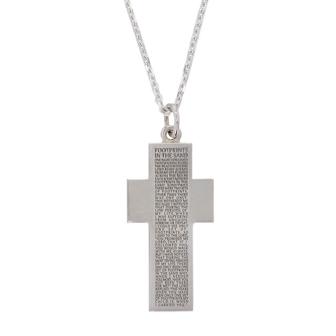 Footprints In The Sand Prayer Silver Cross Pendant & Chain Faller