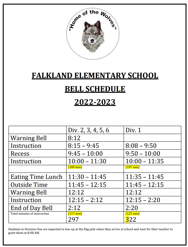 Bell Schedule FALKLAND ELEMENTARY SCHOOL
