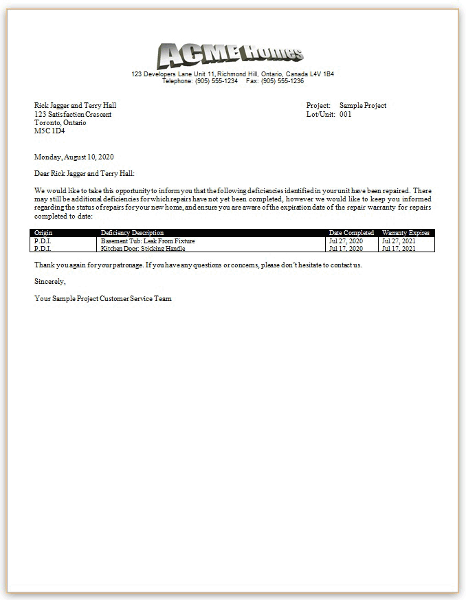 H.O.M.E.S. Customer Service Sample Document Repair Completion Letter