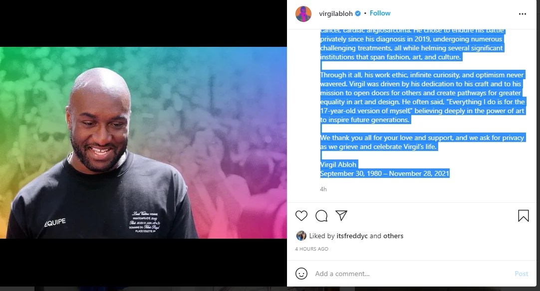 Titan Virgil Abloh Dies Of Cancer at 40, Founder of OffWhite And Louis