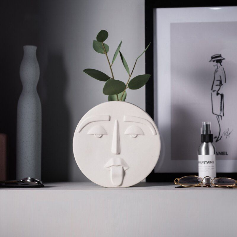 Round Ceramic Face Vase OffWhite Famous Mountain