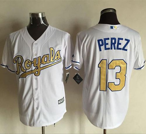 Royals 13 Salvador Perez White New Cool Base 2015 World Series Champions Gold Program Stitched