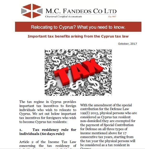 Tax Update Tax benefits on relocation to Cyprus M.C. Fandeos Co Ltd