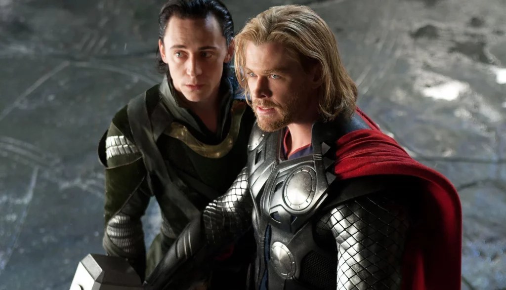 Tom Hiddleston and Chris Hemsworth as Loki and Thor in Thor (2011).