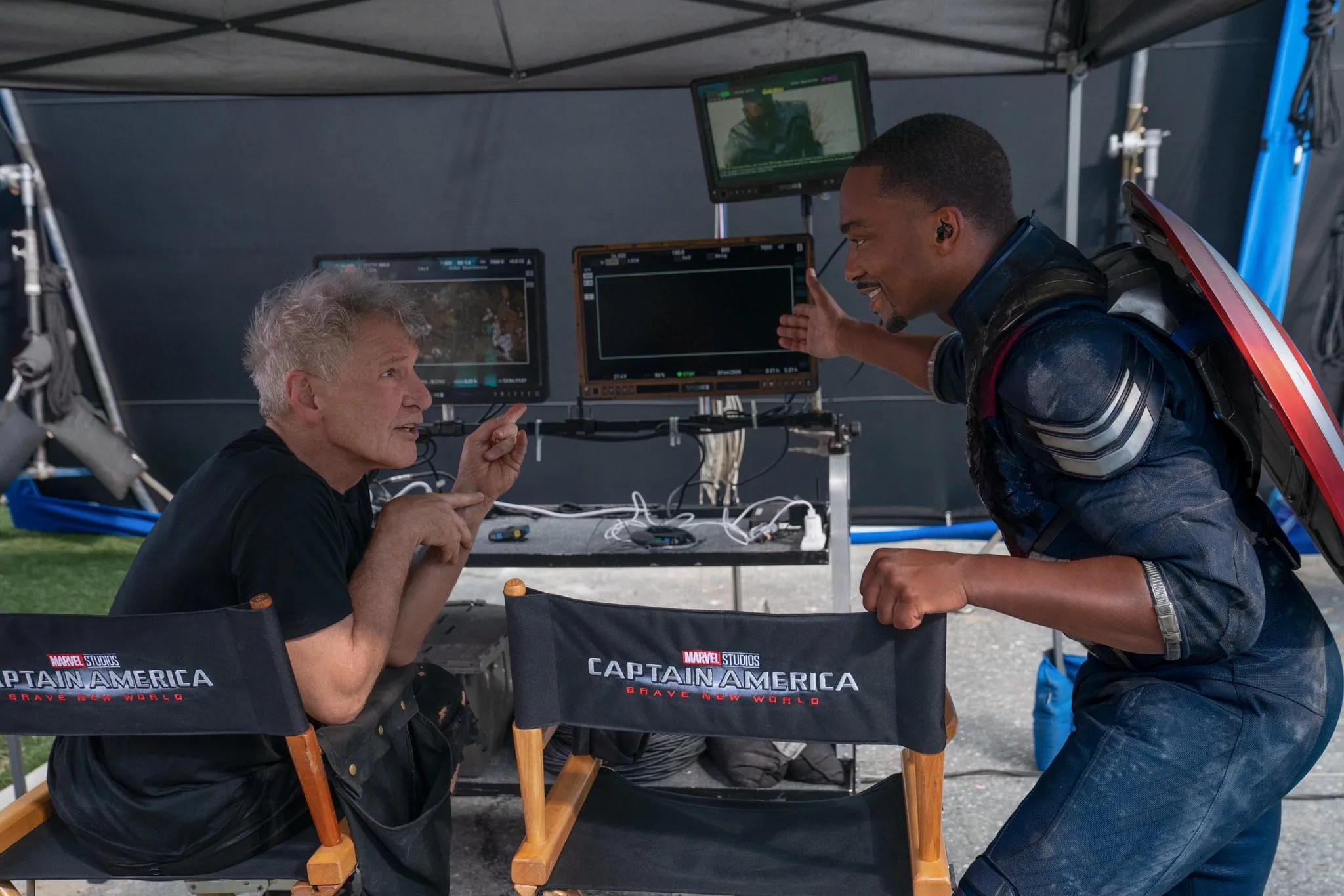 Anthony Mackie and Harrison Ford on the sets of Captain America: Brave New World