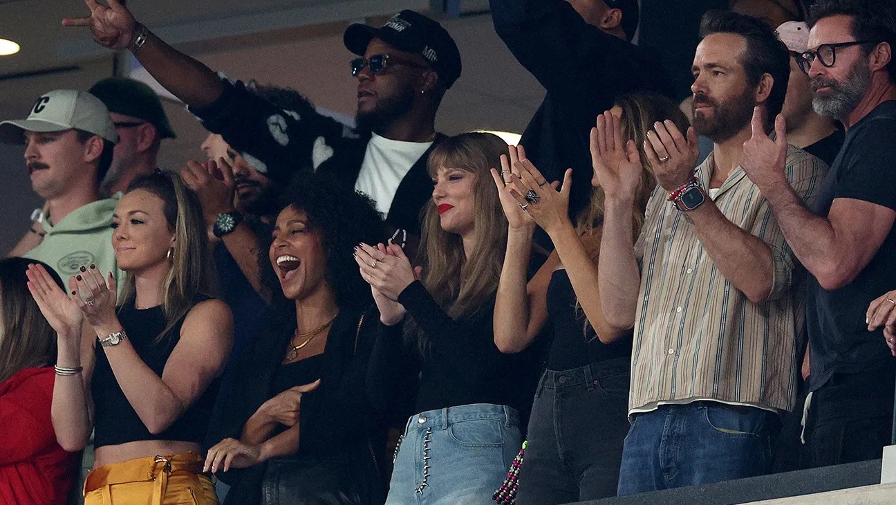Taylor Swift, Ryan Reynolds, and Hugh Jackman at the NFL game