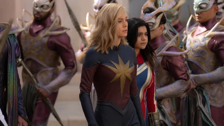 Brie Larson and Iman Vellani in a still from The Marvels