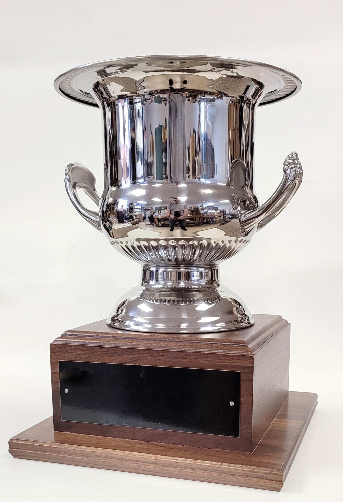 13 Inch Tall Silver Plated Stainless Steel Wine Cooler Cup on Walnut