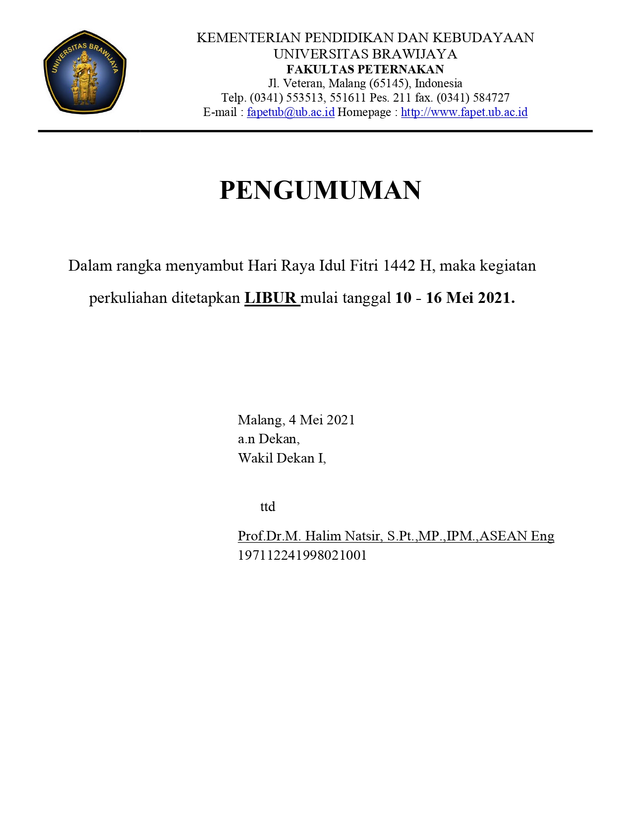Pengumuman Libur Perkuliahan Menjelang Hari Raya Idul Fitri - Fakultas Peternakan | Universitas Brawijaya 1650_X_1275_jpg