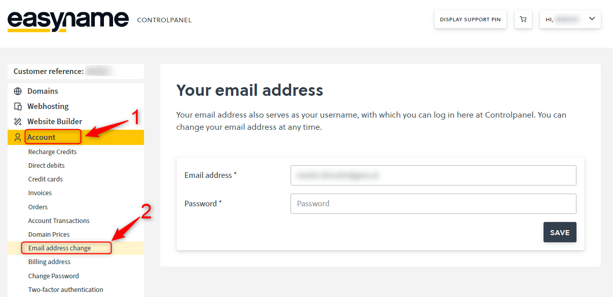 Change email address in the Controlpanel FAQ easyname