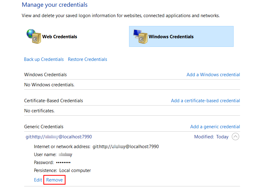How to reset credentials entered for Git Authentication in the local