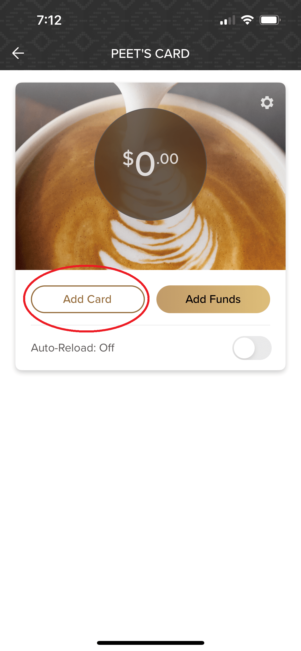 How do I add my gift card or eGift value to the app? Peet's Coffee