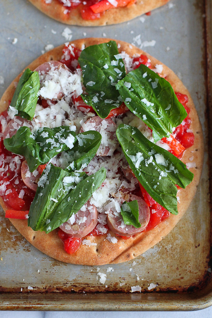 Whole Wheat Pita Pizza Recipe with Sausage & Spinach Cookin Canuck
