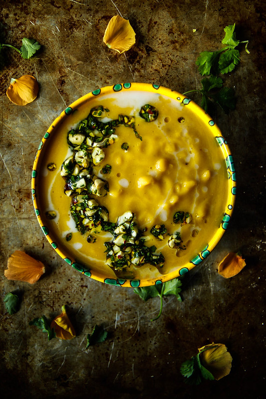 Roasted Butternut Squash Coconut Split Pea Soup with Spicy Cilantro