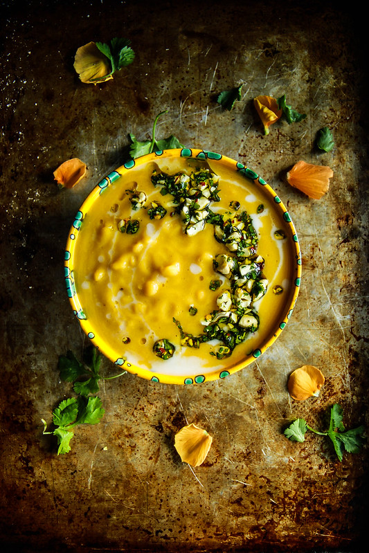 Roasted Butternut Squash Coconut Split Pea Soup with Spicy Cilantro