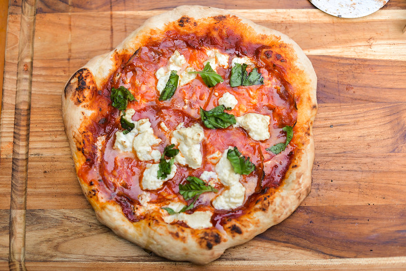 Homemade Pizza with Hot Soppressata, Mozzarella, Ricotta, and Basil