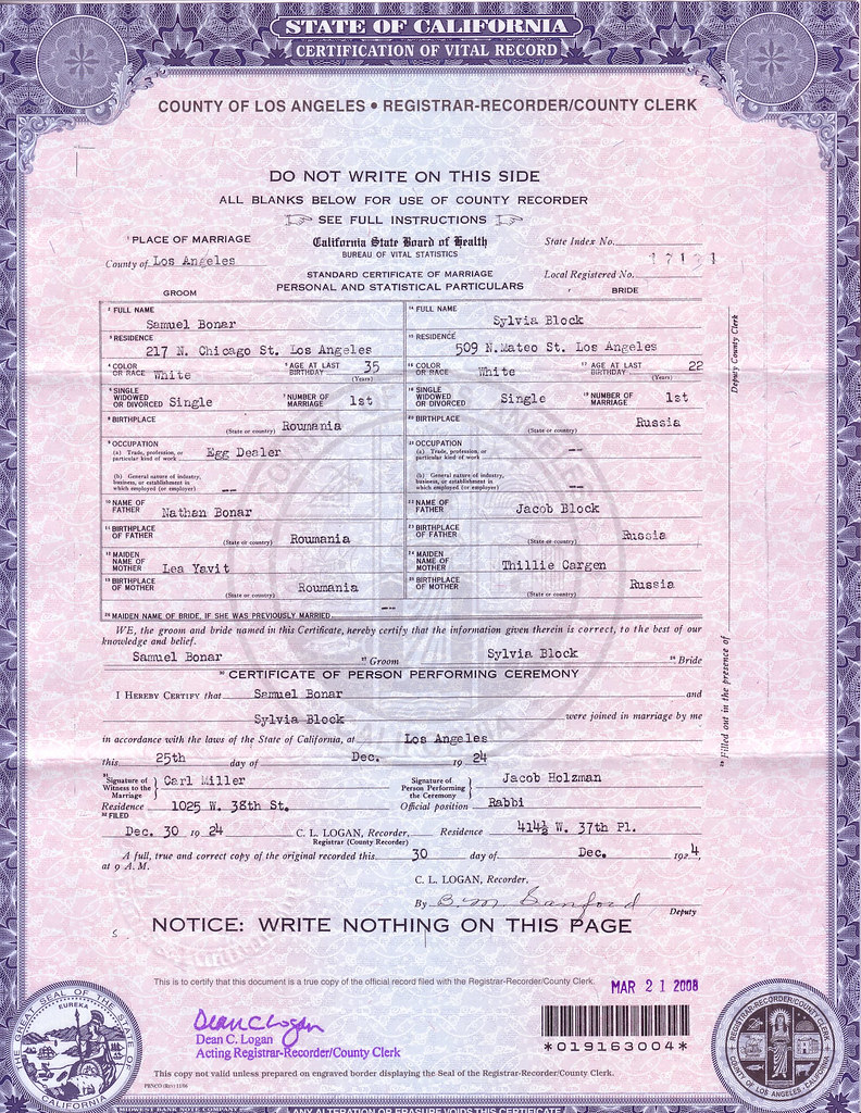 1924 Sam Marries Sylvia Block in Los Angeles, California The Bonar