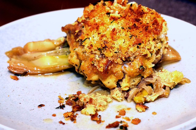 devil's chicken thighs on braised leeks