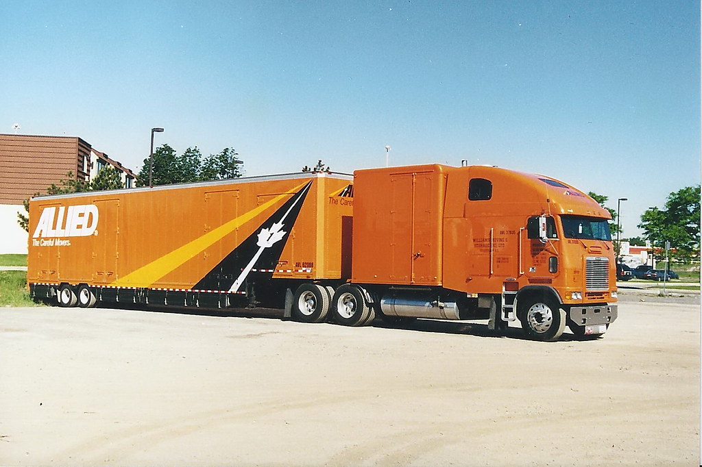 Allied Van Lines long frame Freightliner cabover truck with drom box
