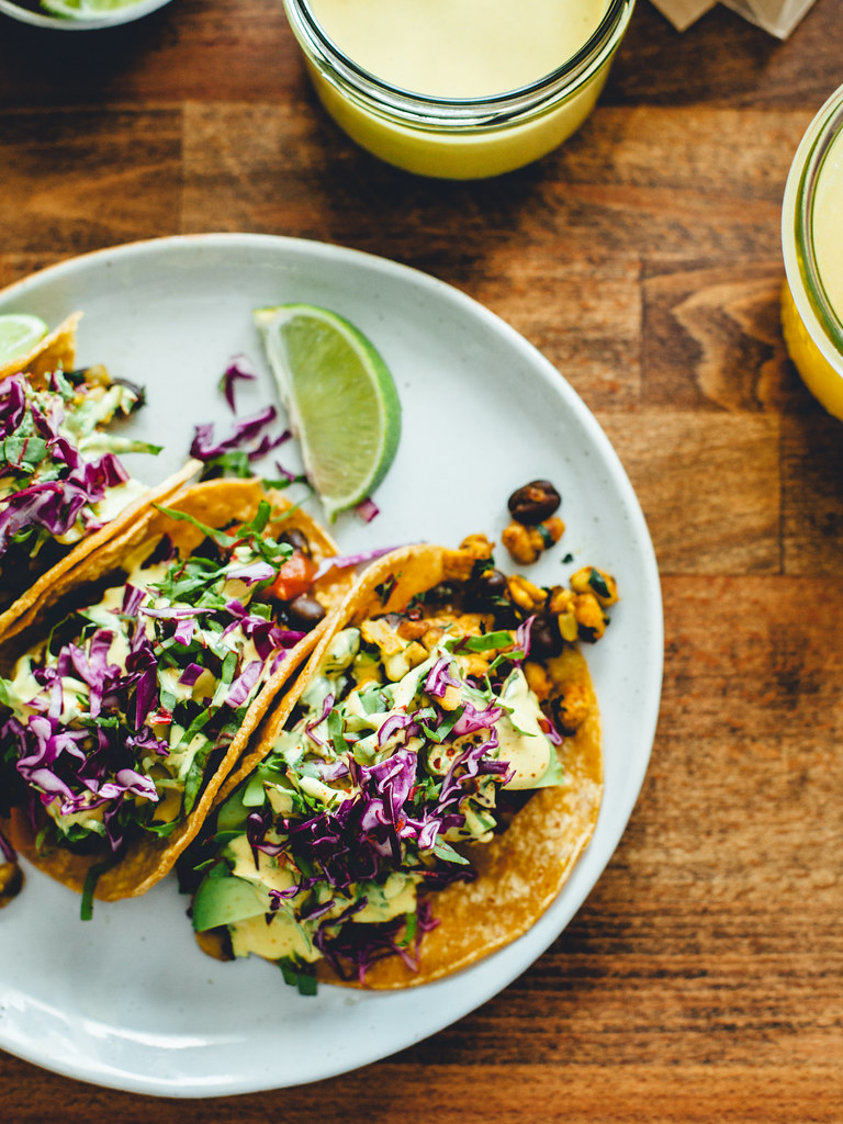 Black bean + tempeh tacos with cashew cheese sauce Oh, Ladycakes
