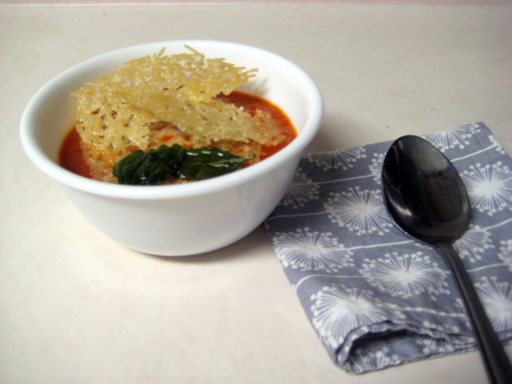 San Marzano Tomato Soup with Parmesan Tuiles & Crispy Basil Foodtopia
