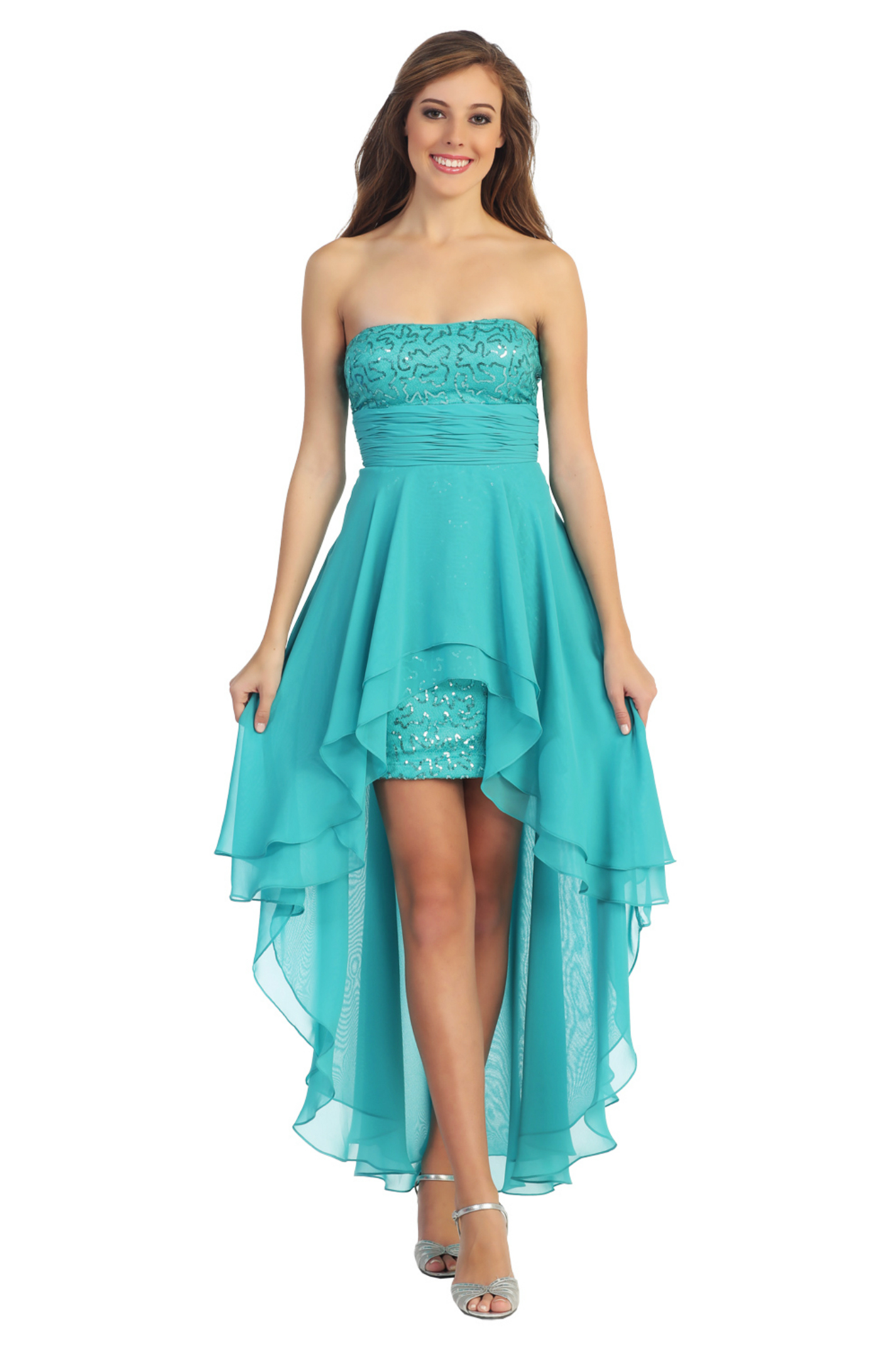Shimmery Strapless Sequins High Low Flair Flowy Prom