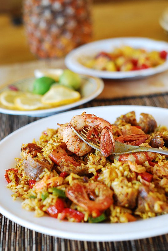 Easy paella with chicken, shrimp, and sausage