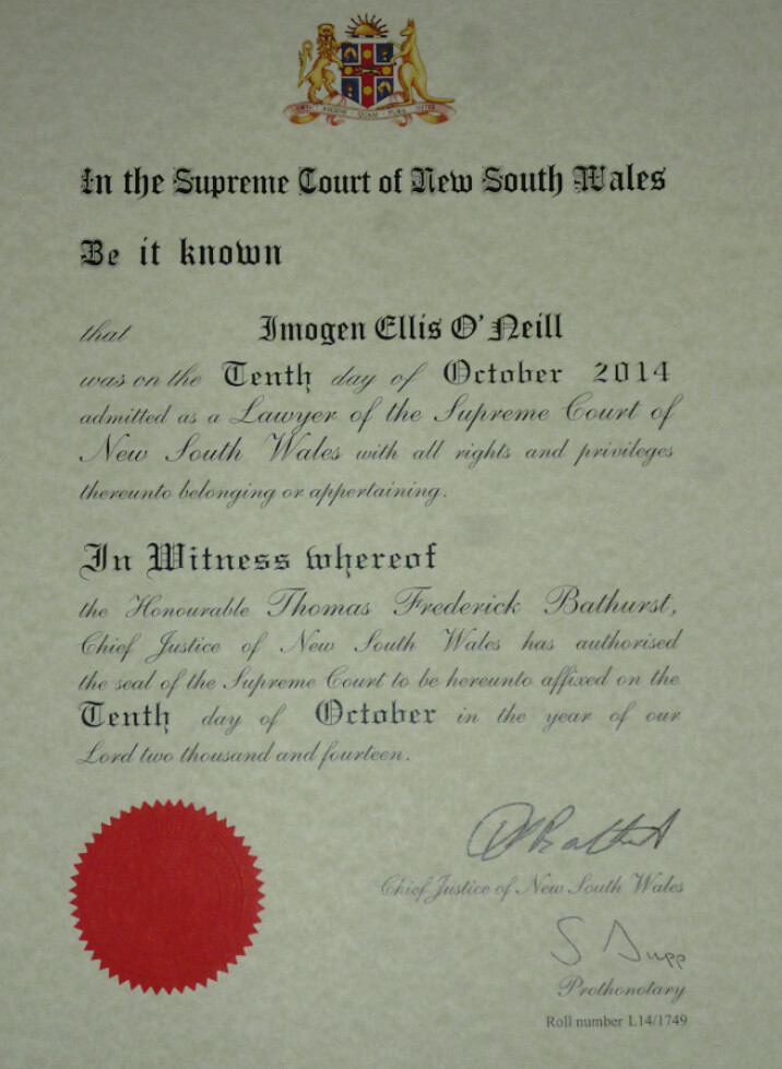 Tia_Cherie Admission as a Lawyer of the Supreme Court of New South Wales