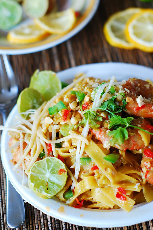 Pad Thai noodles with shrimp, Asian food