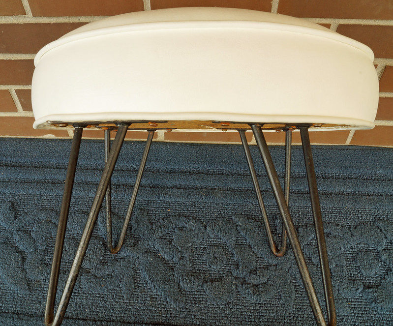 SOLD Vintage Mid Century Round White Ottoman with Wrought Iron Hairpin Legs 125 Bag The Web