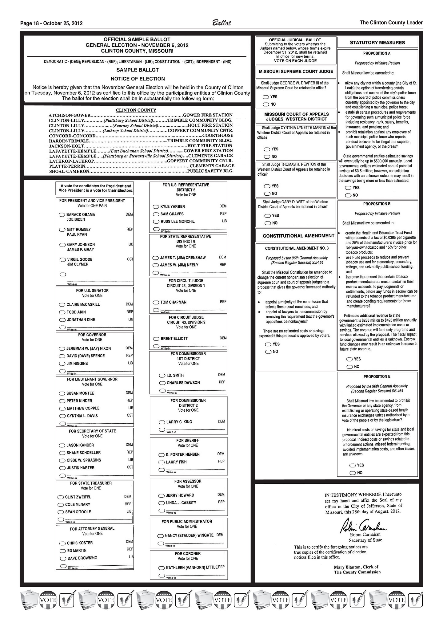 Clinton County, Missouri 2012 General Election Sample Ballot Flickr