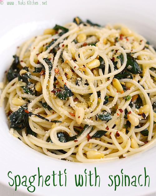 Spaghetti with spinach Spaghetti recipes Raks Kitchen Indian