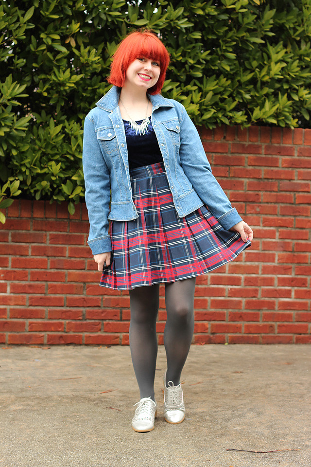 Outfit Plaid Pleated Skirt Blue Velvet Top Jean Jacket And