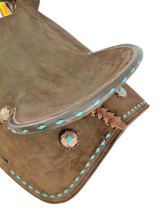 14", 15" Double T Barrel style saddle with Teal buckstitch accents