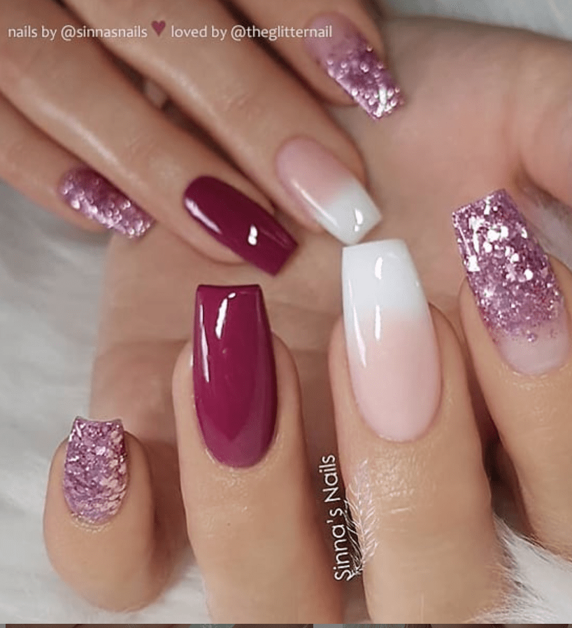 50 Pretty French Pink Ombre And Glitter On Long Acrylic Coffin Nails