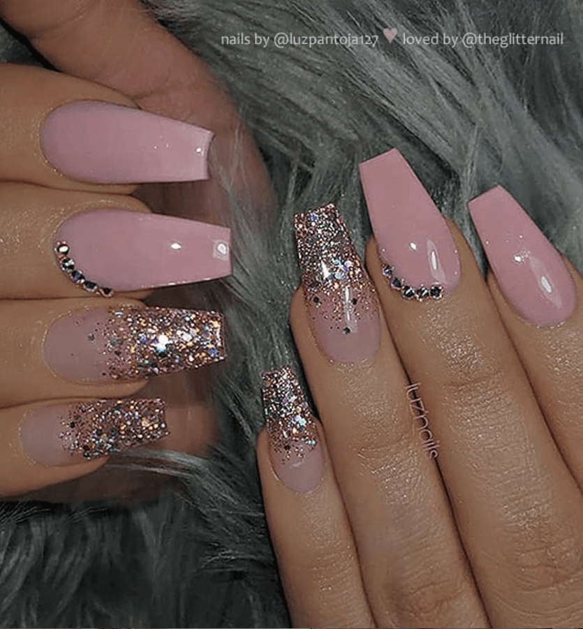 50 Pretty French Pink Ombre And Glitter On Long Acrylic Coffin Nails