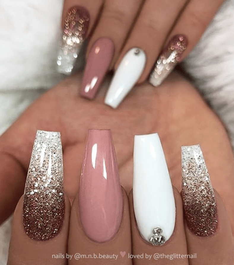 50 Pretty French Pink Ombre And Glitter On Long Acrylic
