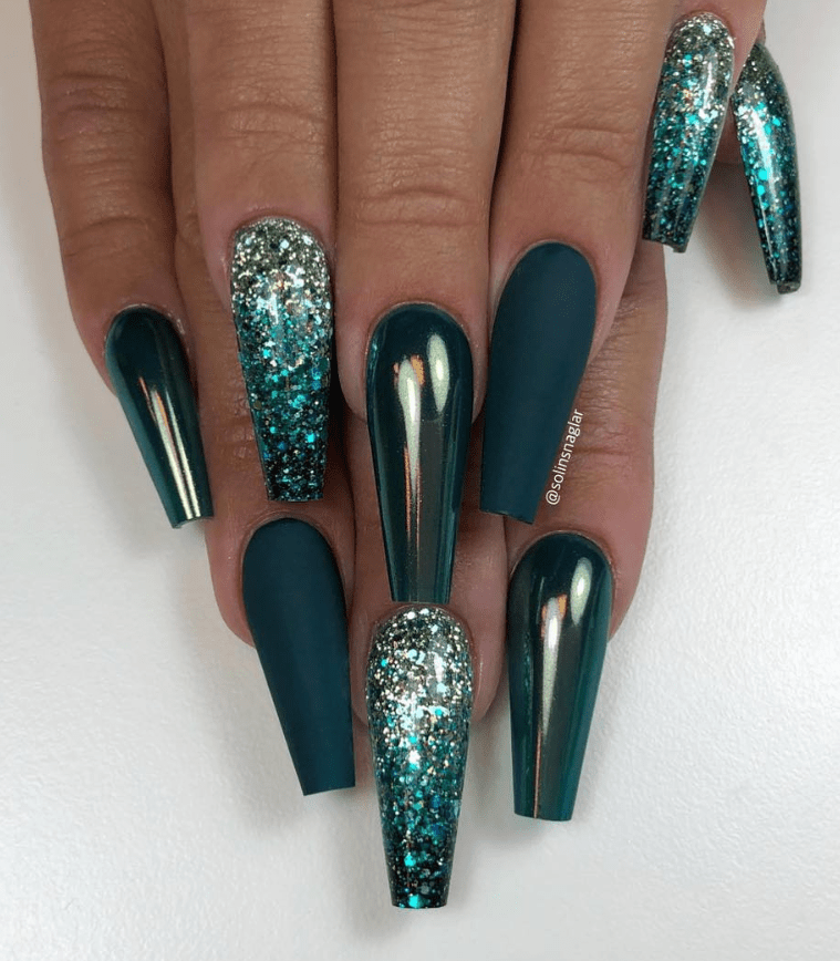 50 Fabulous Sparkly Giltter Acrylic Blue Nails Design On Coffin And