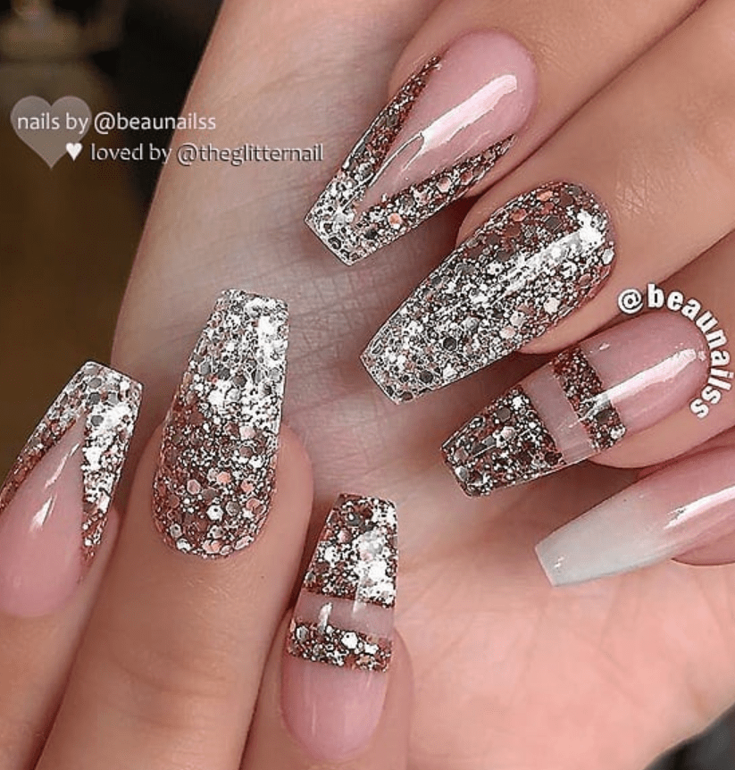 50 Pretty French Pink Ombre And Glitter On Long Acrylic Coffin Nails