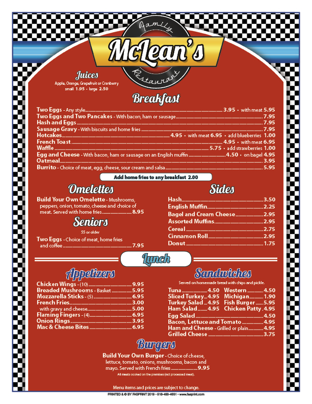 McLean's Family Restaurant Fasprint Menus