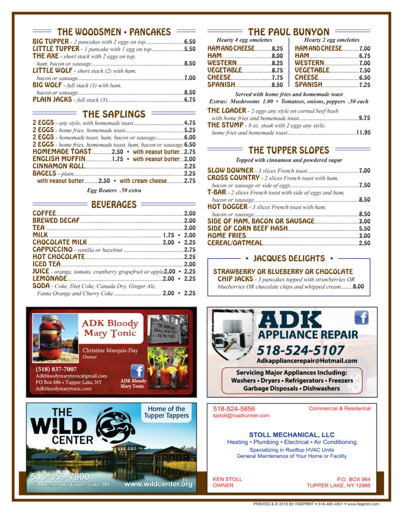 Lumber Jack Inn Fasprint Menus