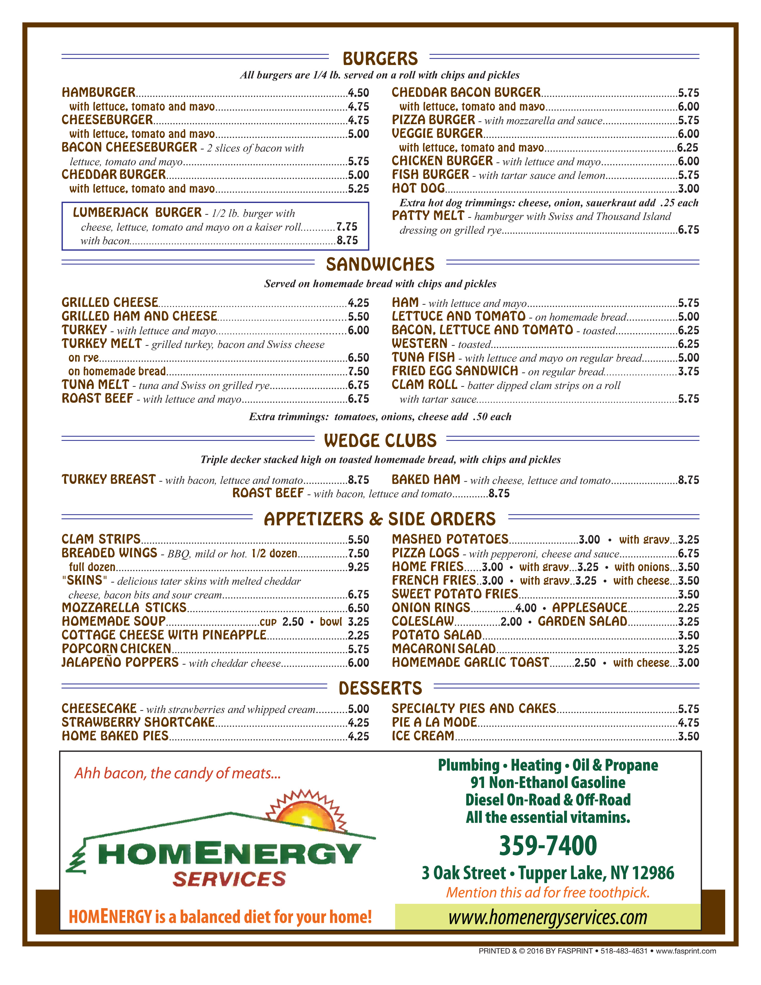 Lumberjack Inn 3 Fasprint Menus