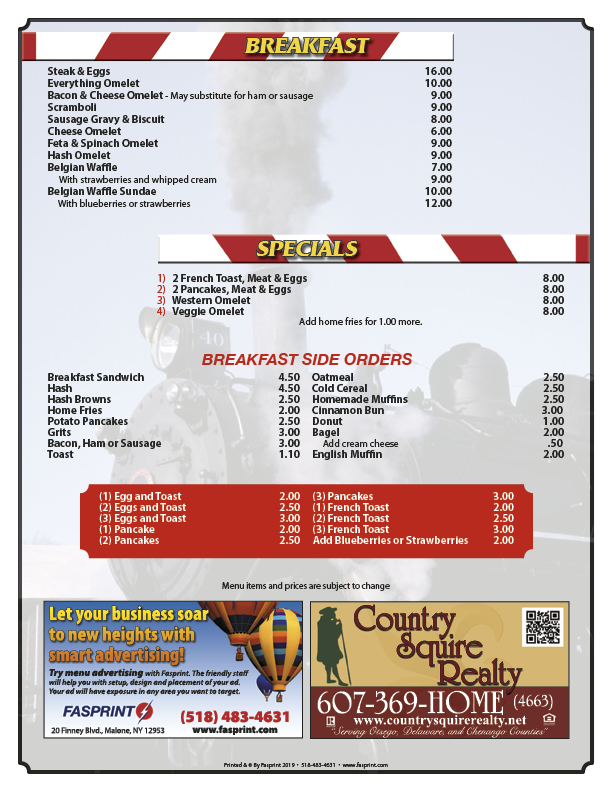 Trackside Dining Fasprint Menus