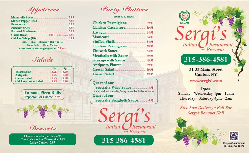 Sergi’s Italian Restaurant and Pizzeria Fasprint Menus