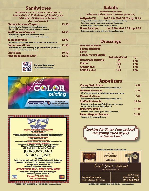 Art's Jug Fasprint Menus